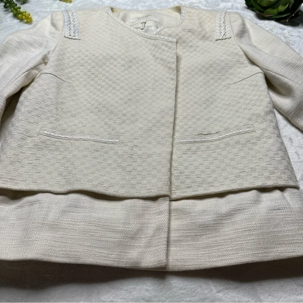 Maje Linen Blend Moto Jacket Blazer With Braided Faux Leather Shoulders in Cream